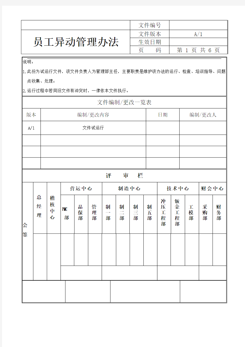 企业人事行政后勤管理流程制度范文——员工异动管理办法