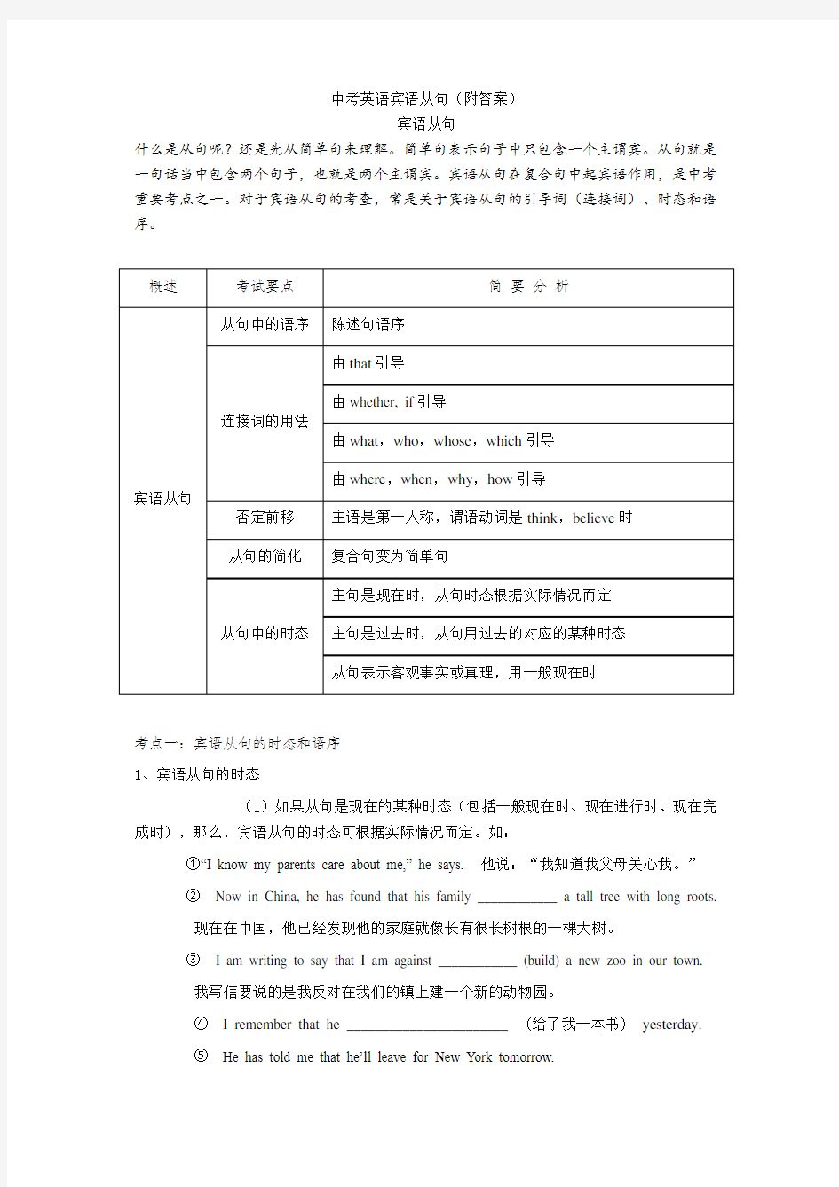 中考英语宾语从句(附答案)