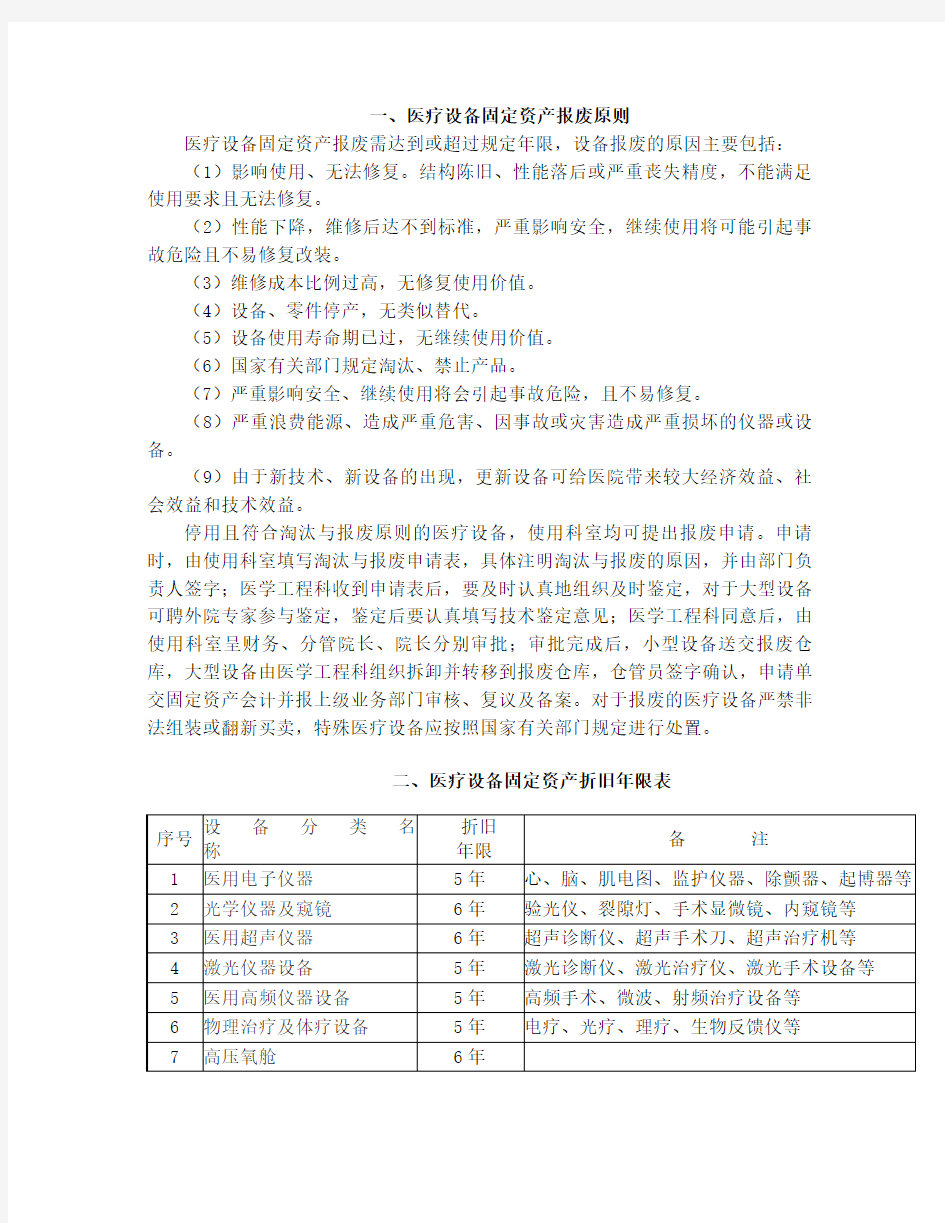 医疗设备固定资产报废原则与折旧年限