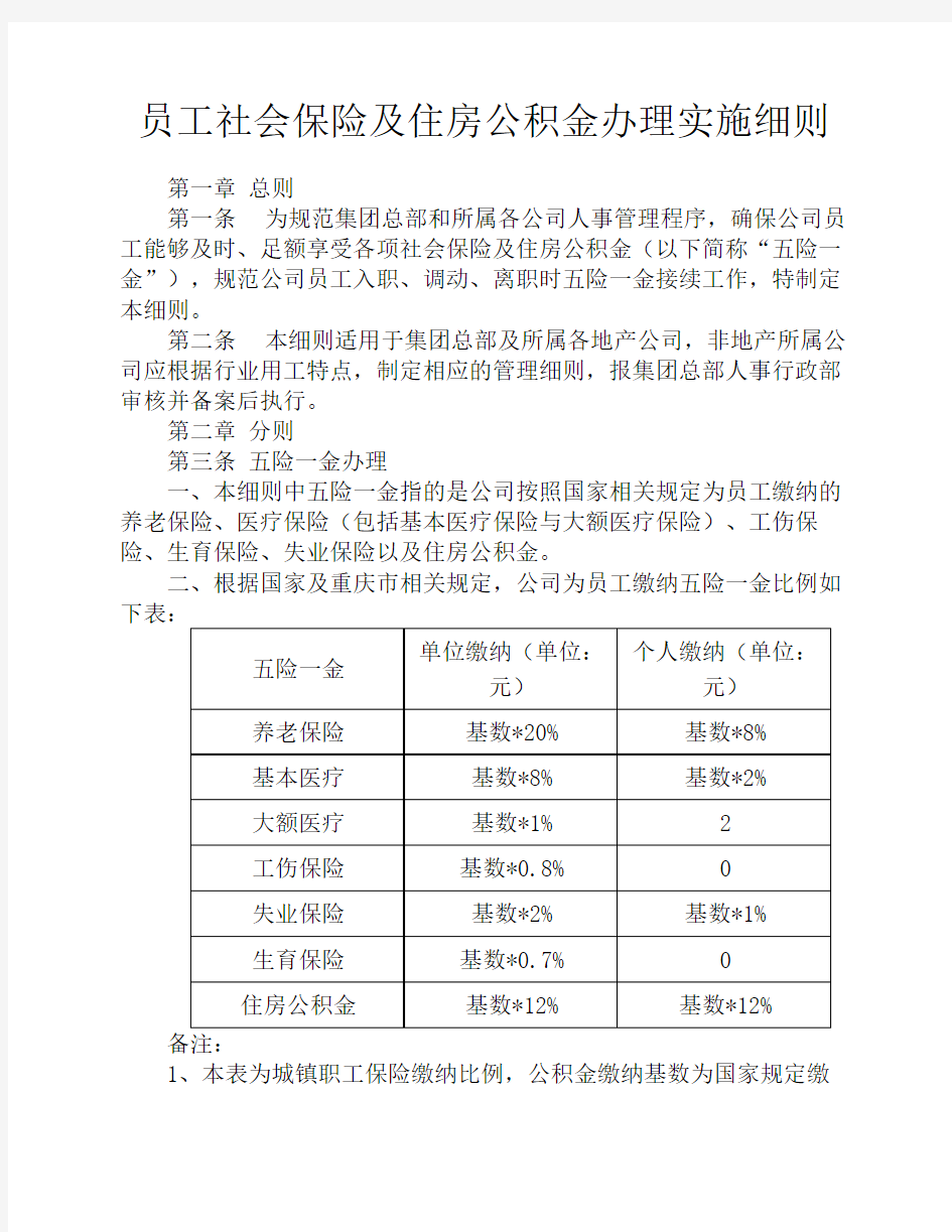 金科员工社会保险及住房公积金办理实施细则