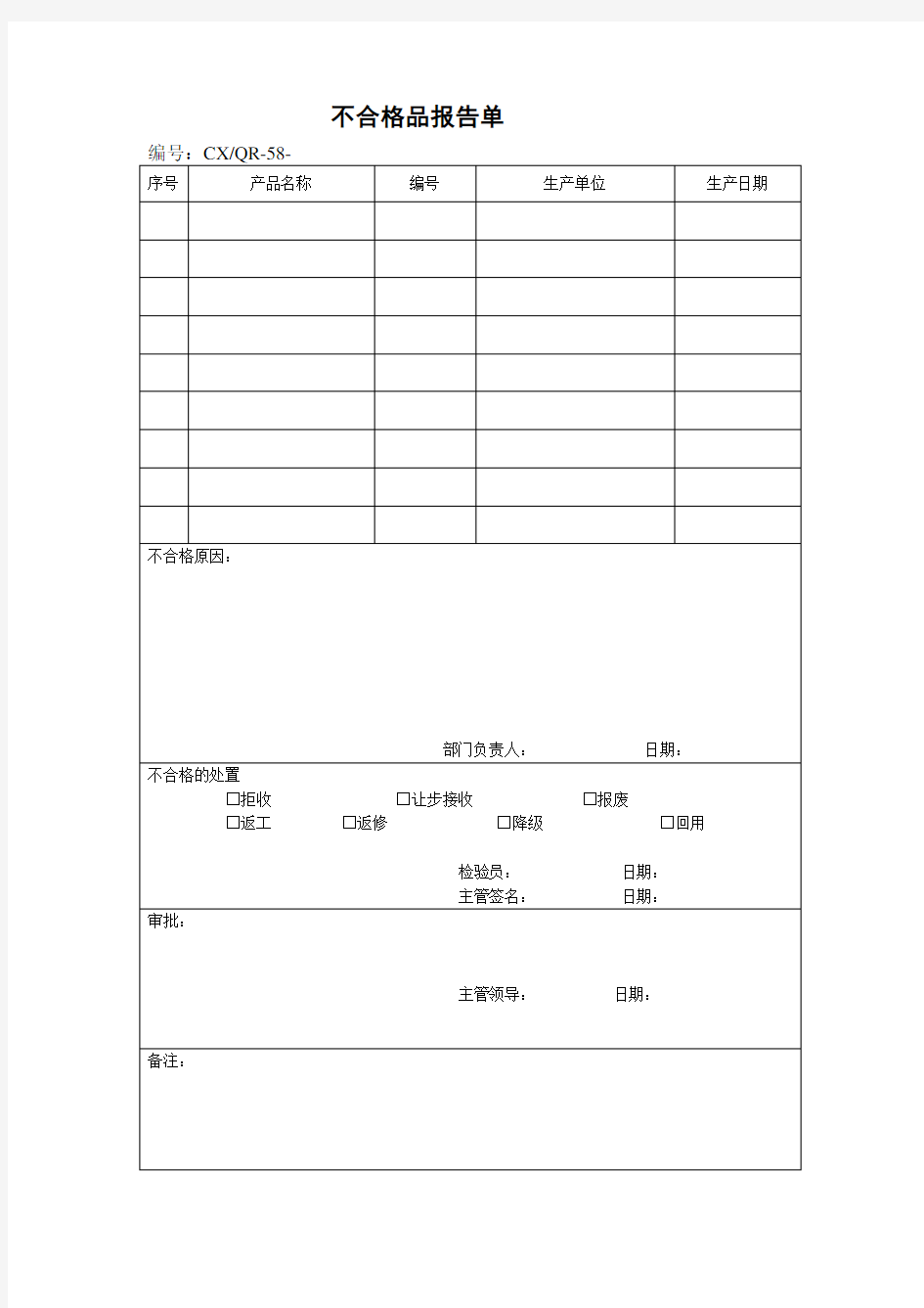 不合格品报告单(表格模板、格式)
