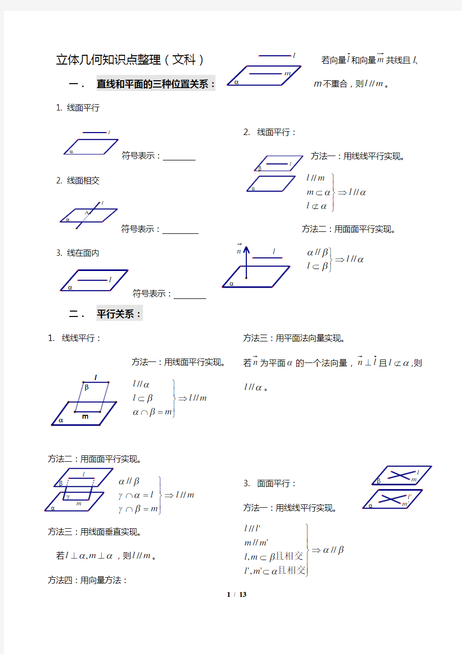 高中文科数学立体几何知识点总结材料