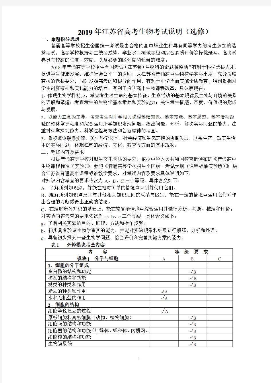 2019年江苏省高考生物考试说明