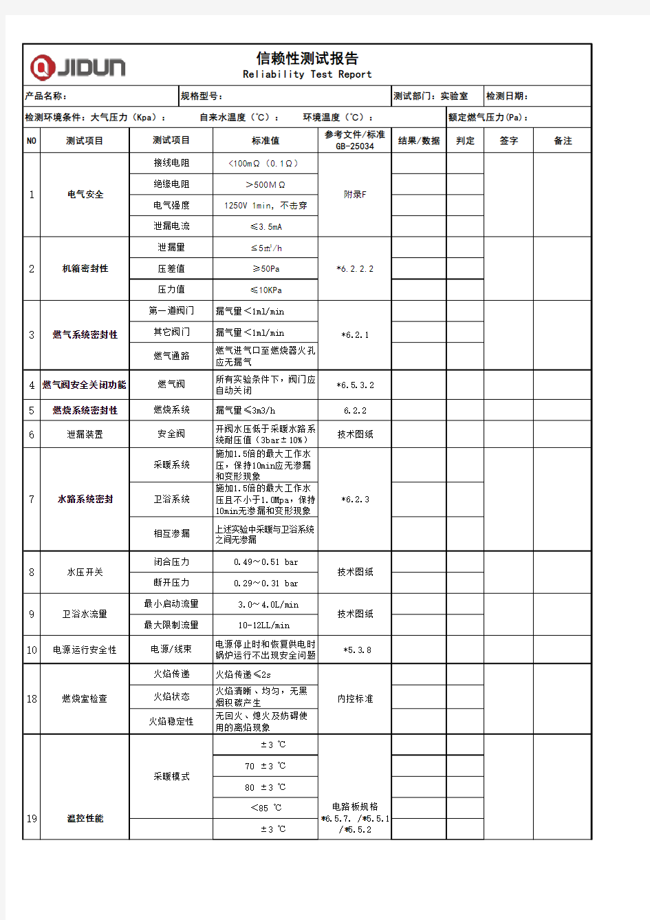 壁挂炉信赖性测试报告(样本)