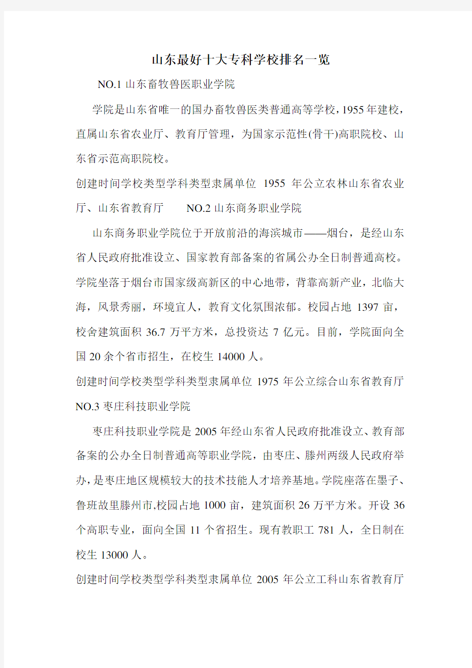 山东最好十大专科学校排名一览