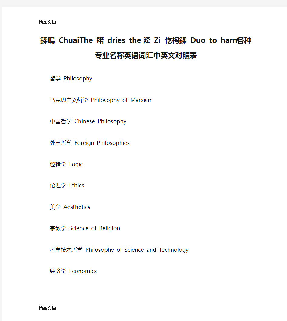 最新各种专业名称英语词汇中英文对照表资料