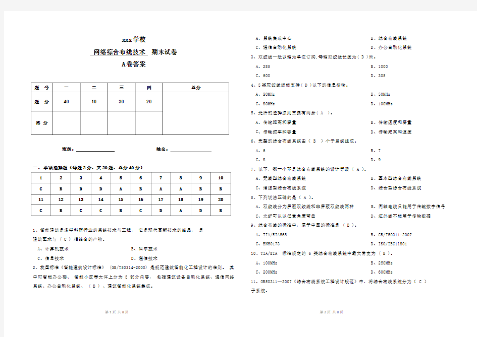 网络综合布线技术(试卷及答案)