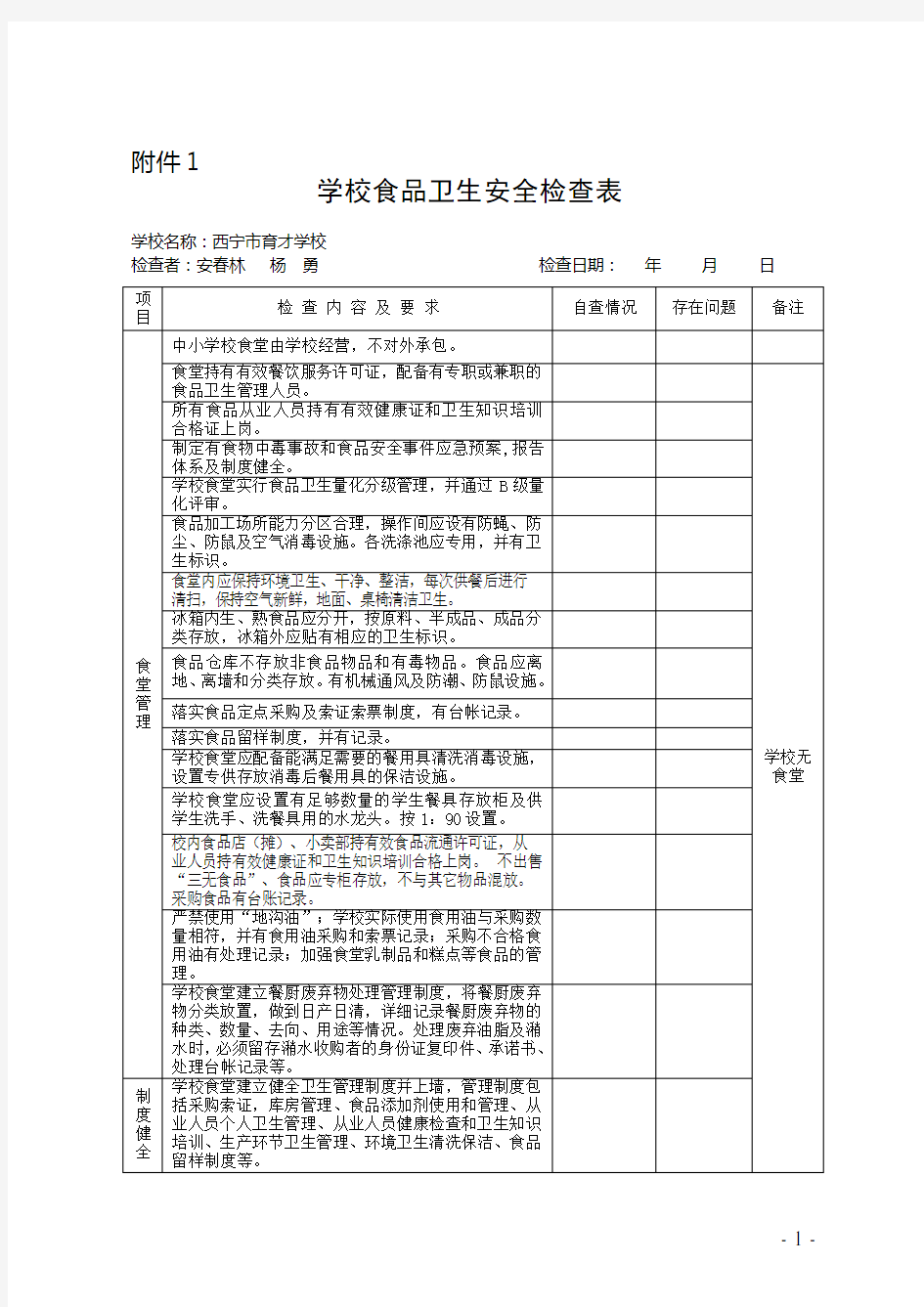 学校食品卫生安全检查表