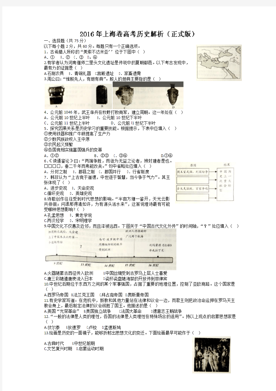 2016年全国高考上海卷历史部分试题及答案