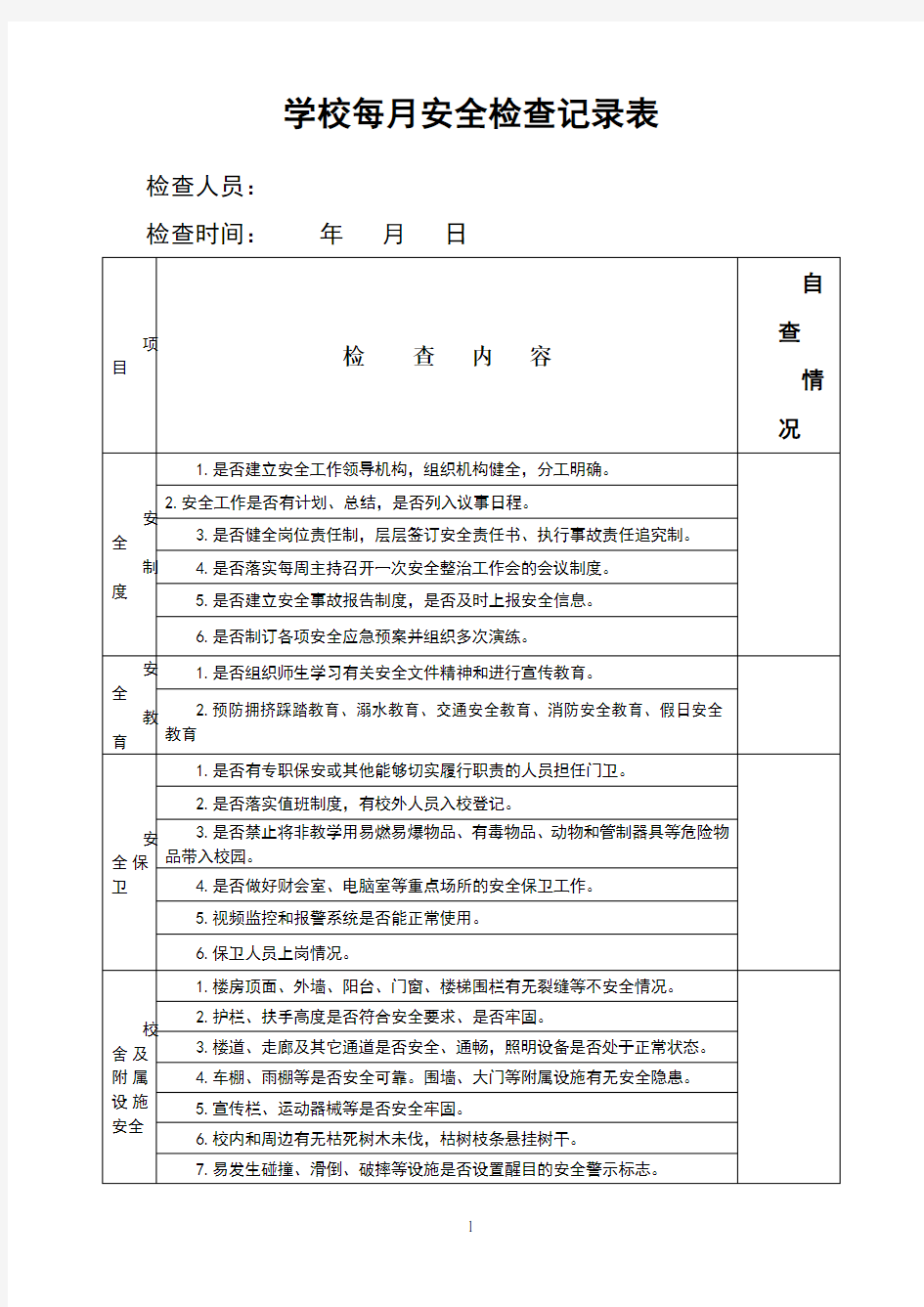 学校月安全检查记录表