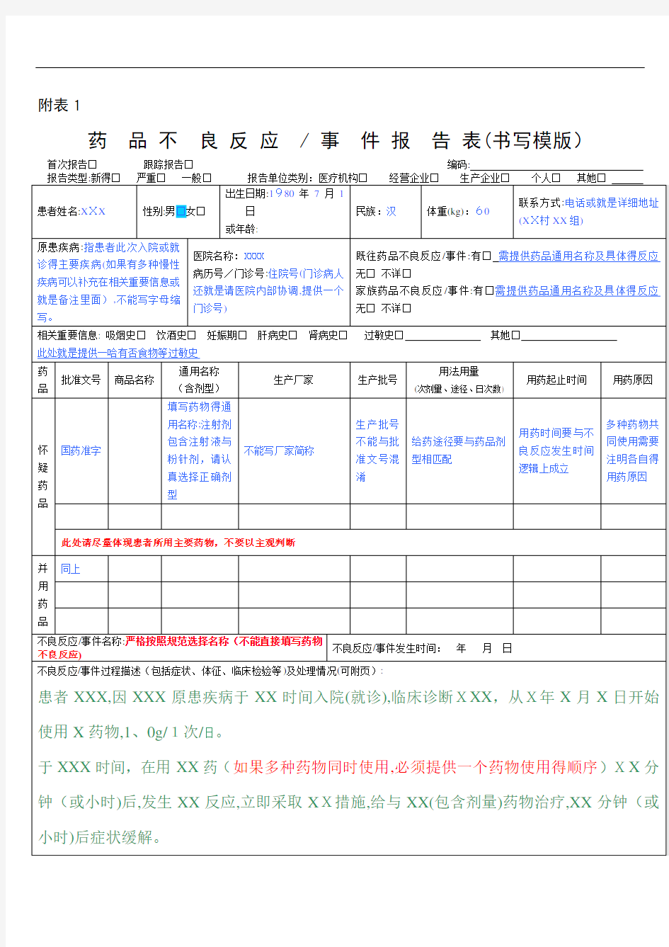 药品不良反应报告表(模版)