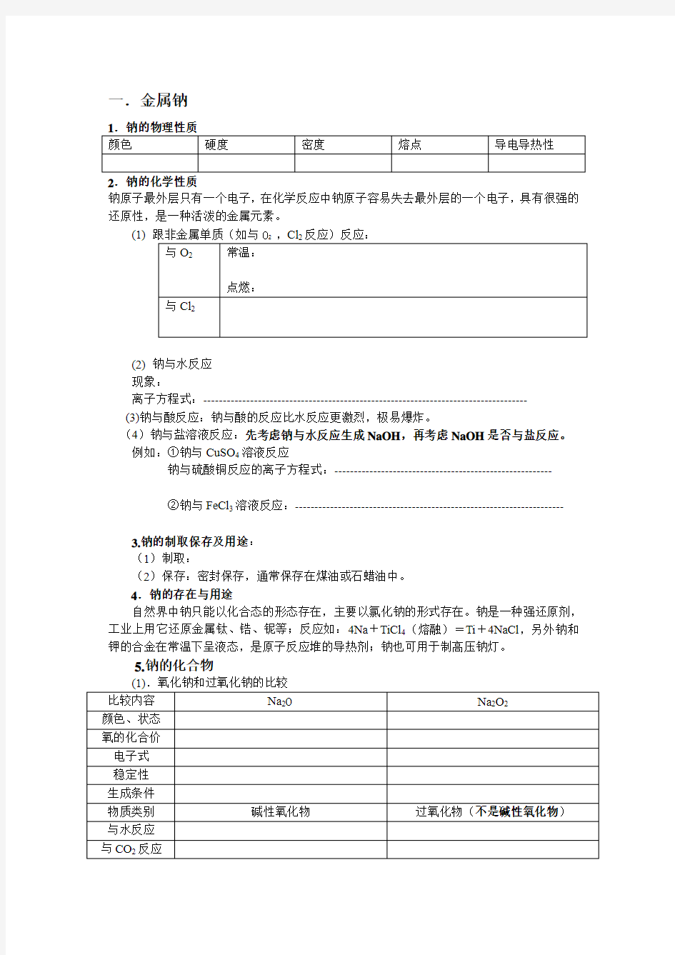 人教版高一化学必修一 3.1金属钠的性质知识点总结