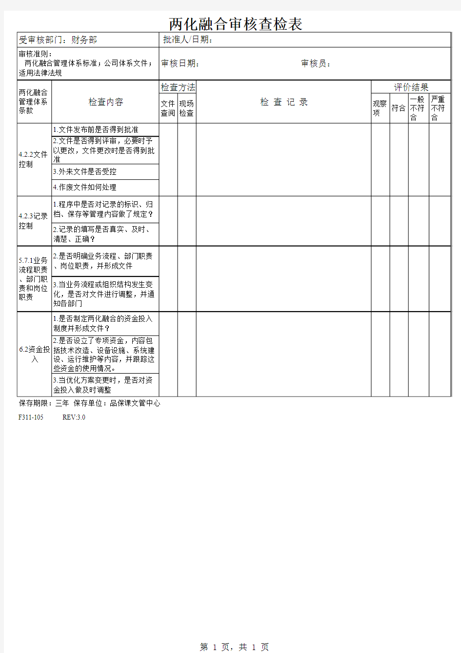 两化融合内审检查表财务部