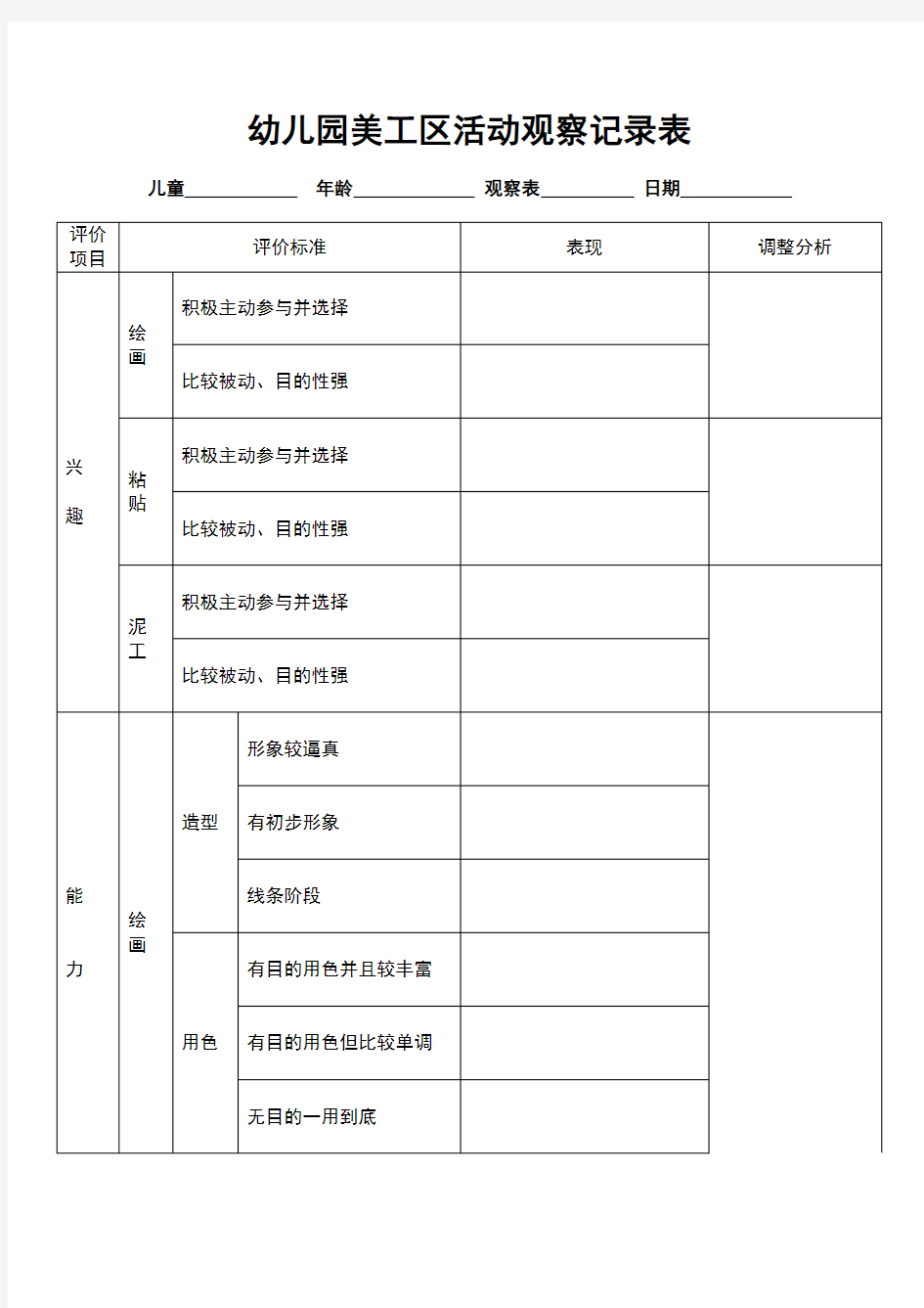 幼儿园美工区活动观察记录表