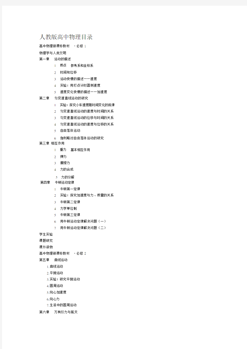 2019年整理人教版新课标高中物理全部目录资料