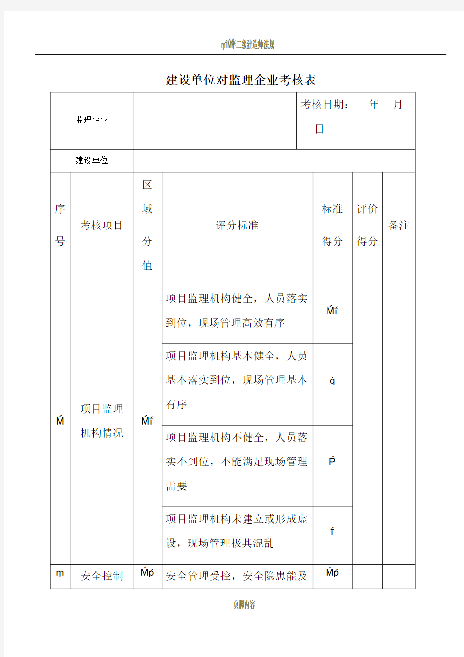 建设单位对监理企业考核表