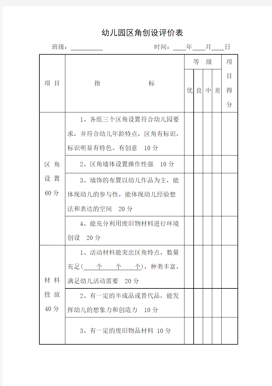 D_幼儿园区角创设评价表