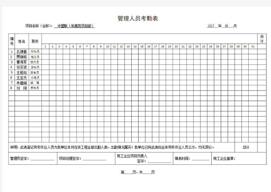 (完整版)管理人员考勤表