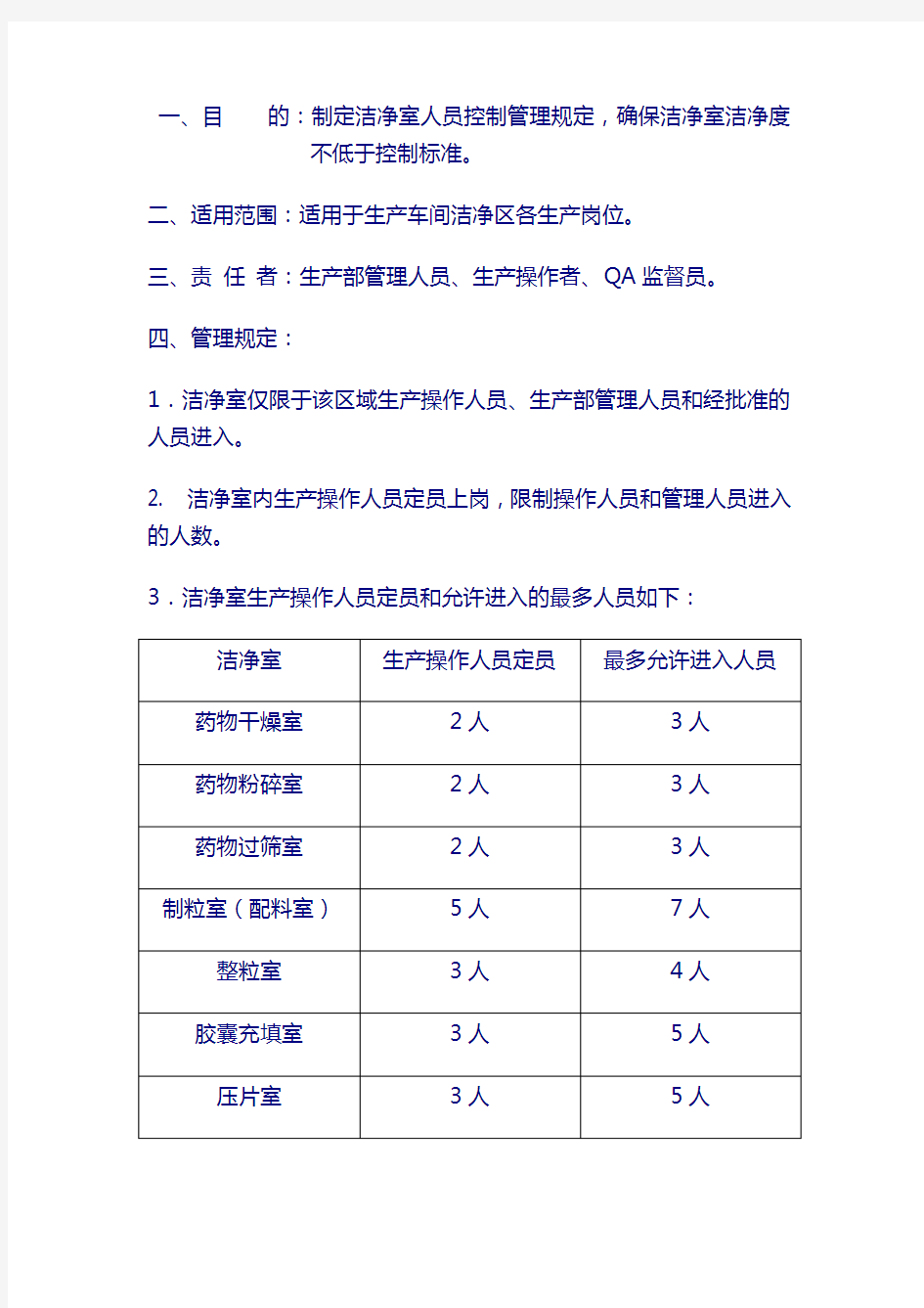 药厂 生产SMP2：10洁净区人员控制管理制度