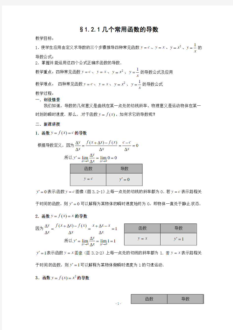 数学：1.2.1几个常用函数的导数教案