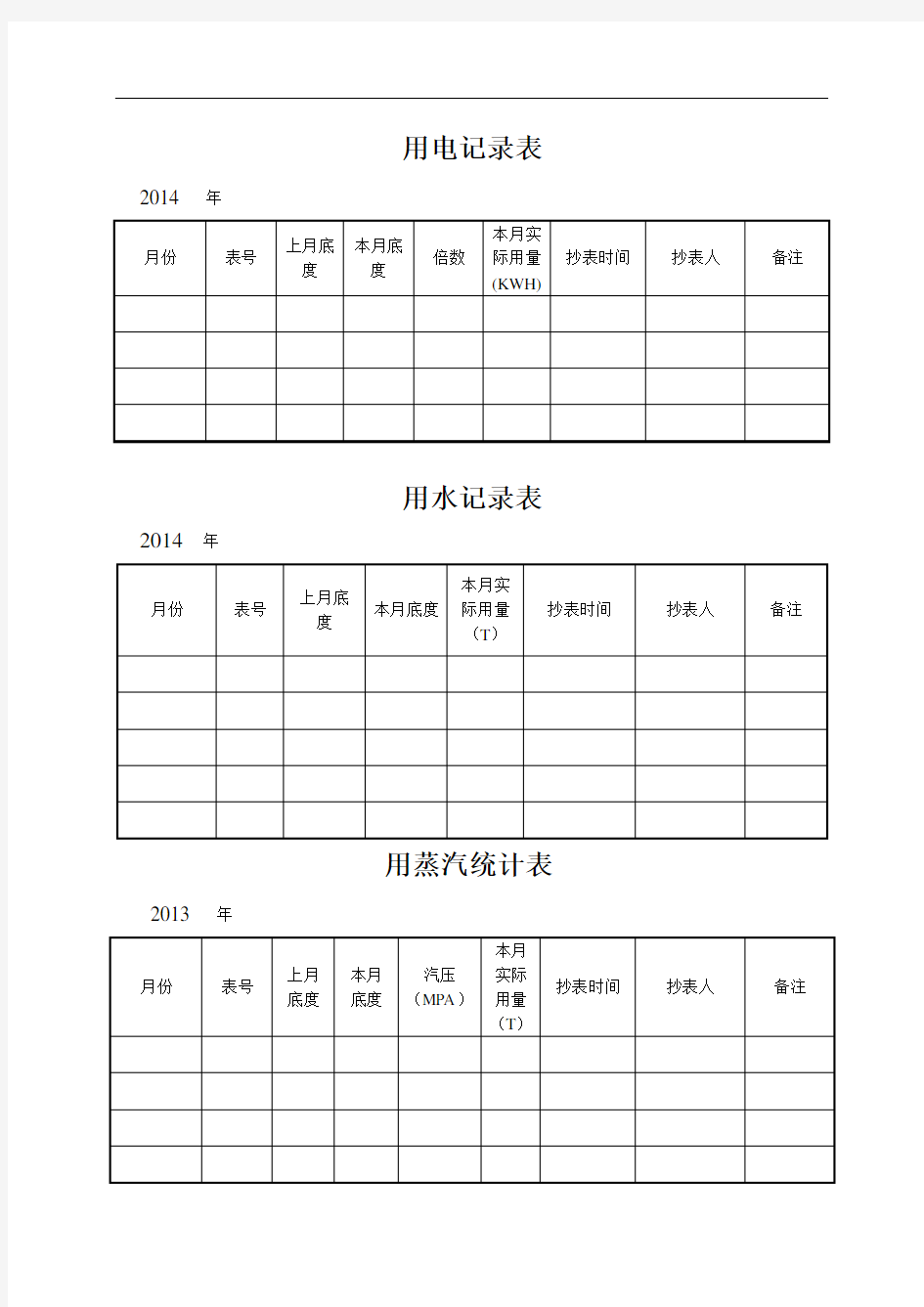 用水电汽登记表