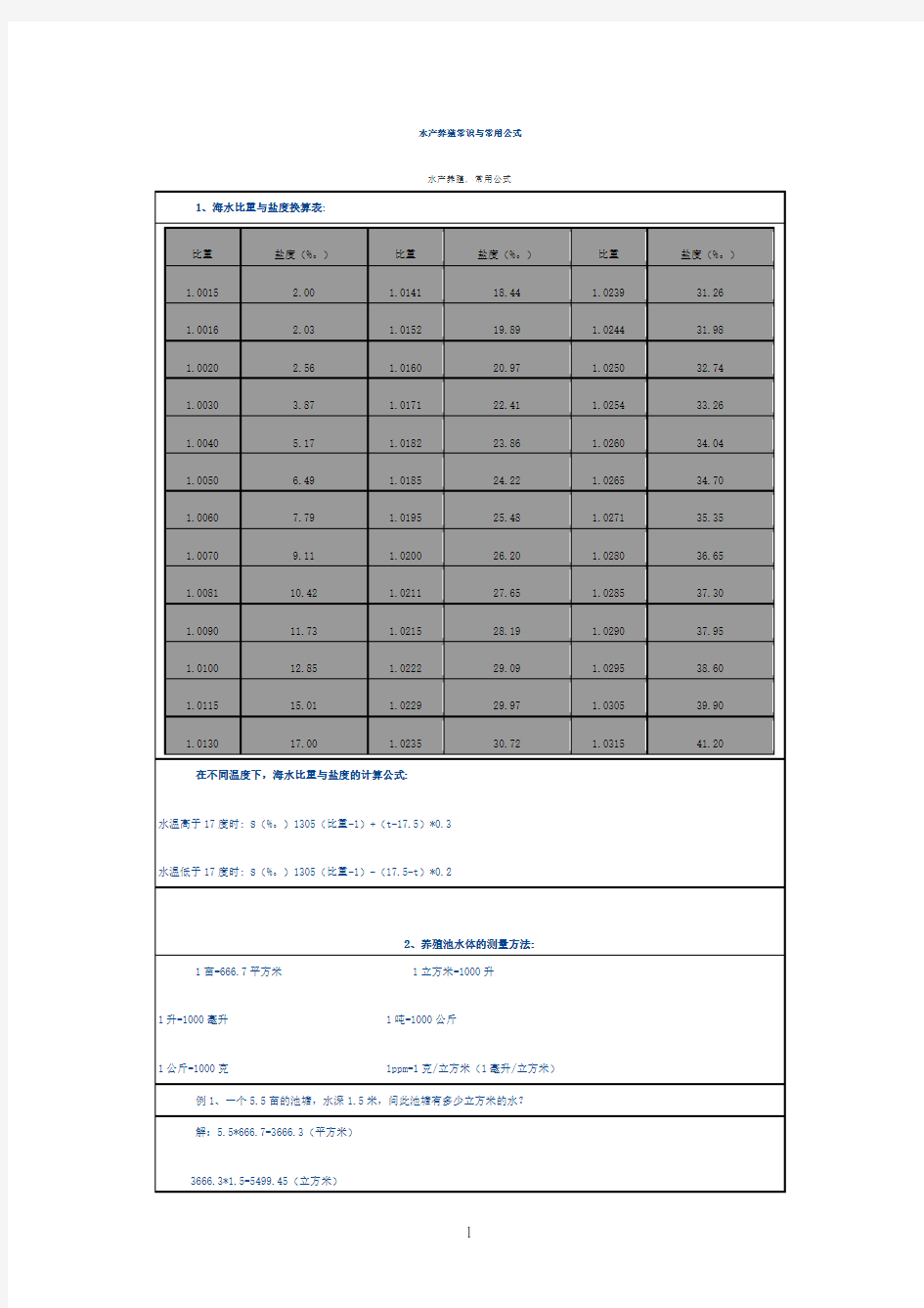 水产养殖常识与常用公式