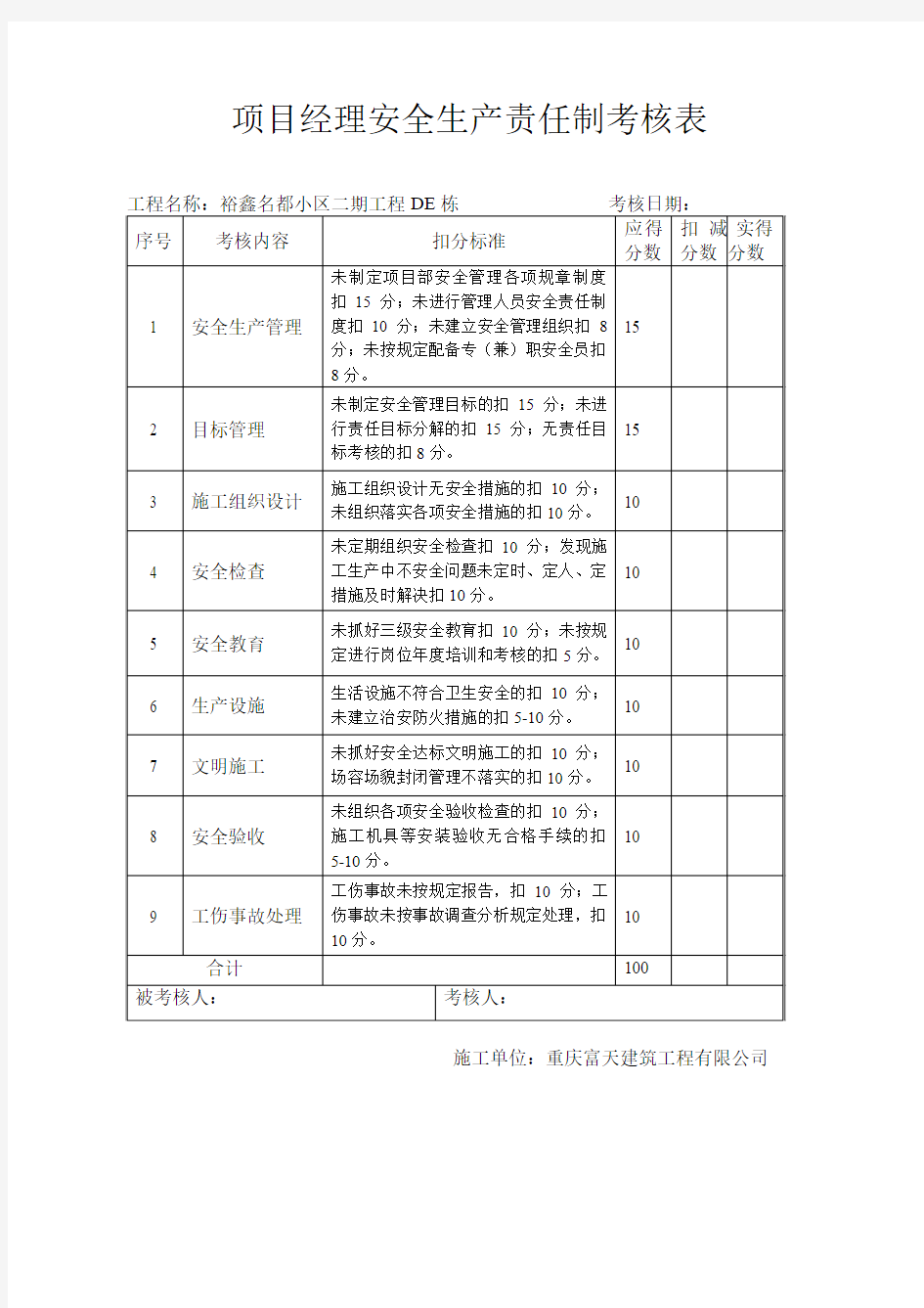 项目经理安全生产责任制考核表(六、七)