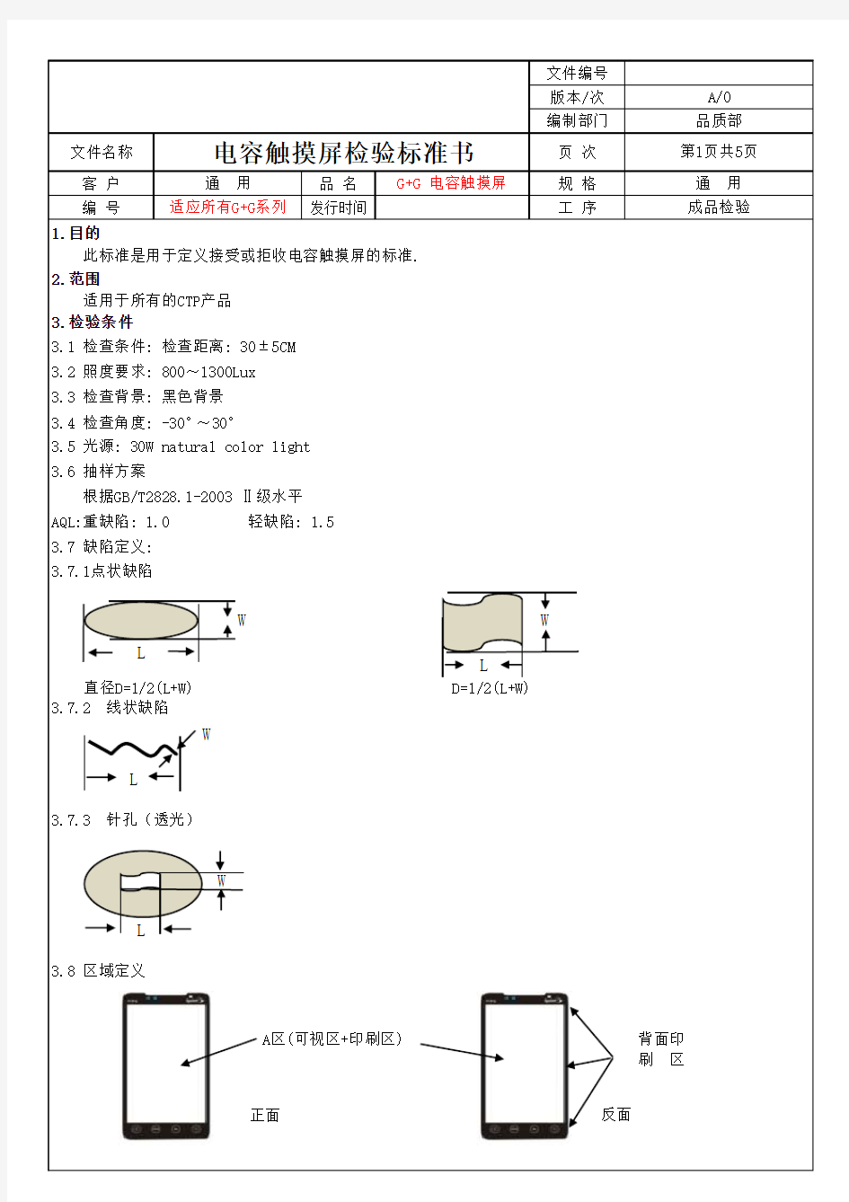 G+G电容触摸屏检验标准书(客户版)