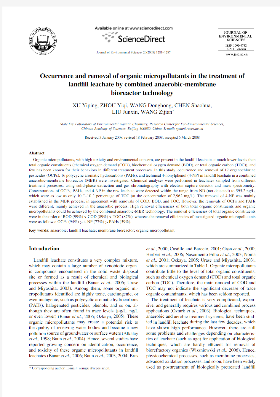 Occurrence and removal of organic micropollutants in the treatment of landfill leachate by combined