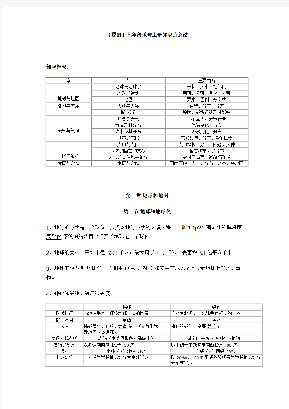 七年级地理上册知识点总结