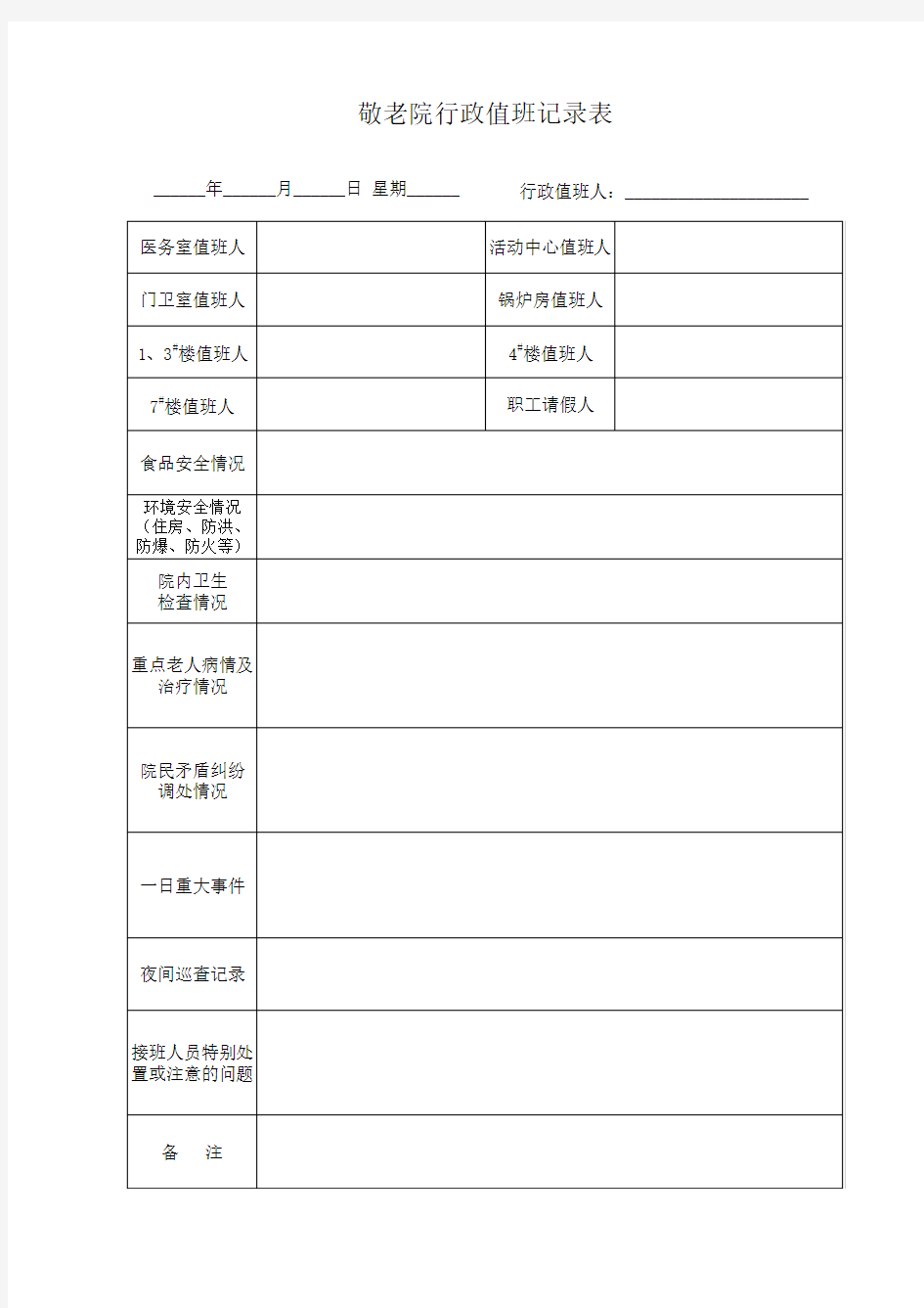 敬老院行政值班记录表