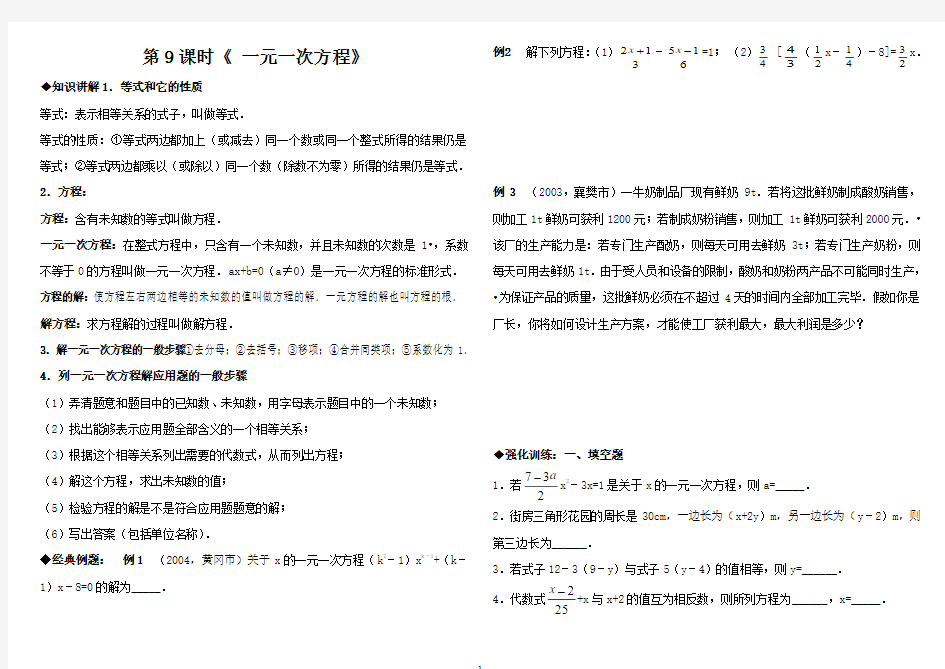 第9课时 一元一次方程(含答案)