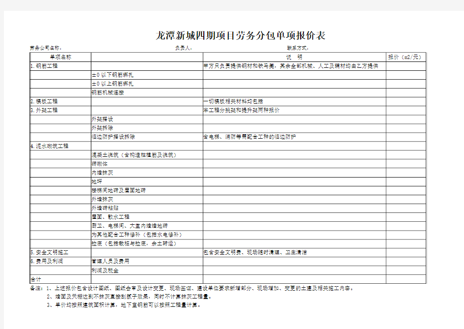 劳务分包单项报价表