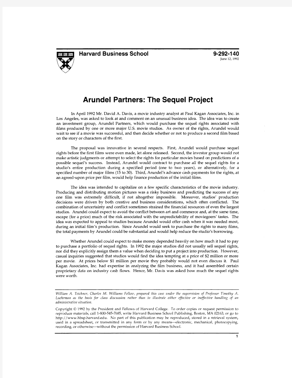 Arundel Partners The Sequel Project 哈佛商学院finance案例