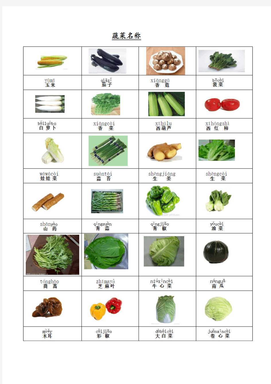 蔬菜名称(汉语)