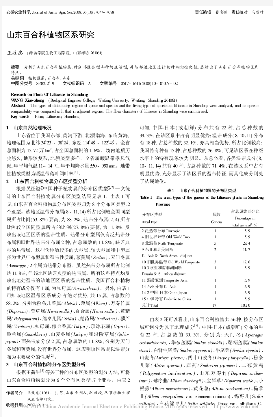 山东百合科植物区系研究_王效忠