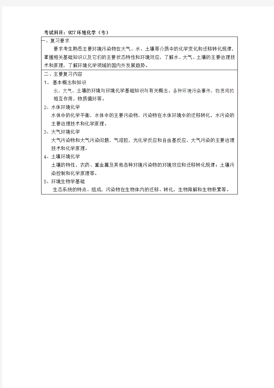 2017年上海大学 927环境化学(专)  考试大纲(初试)