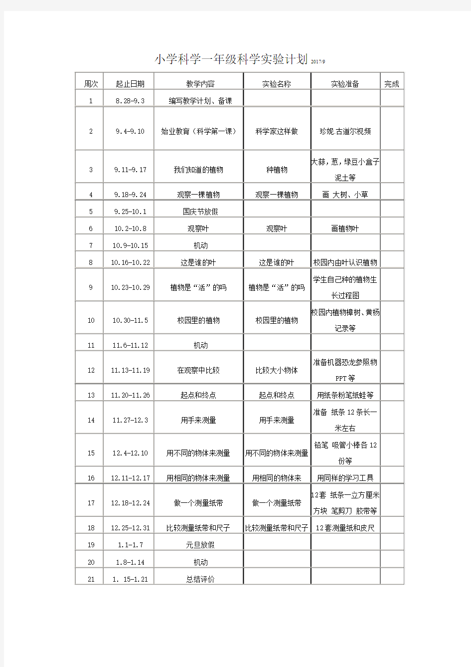 小学科学一年级科学实验计划2017