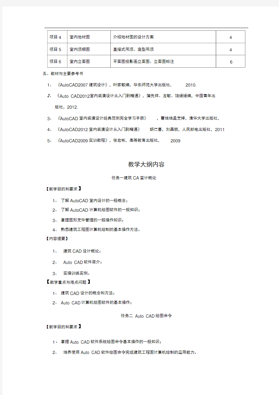 AutoCAD室内设计课程教学大纲