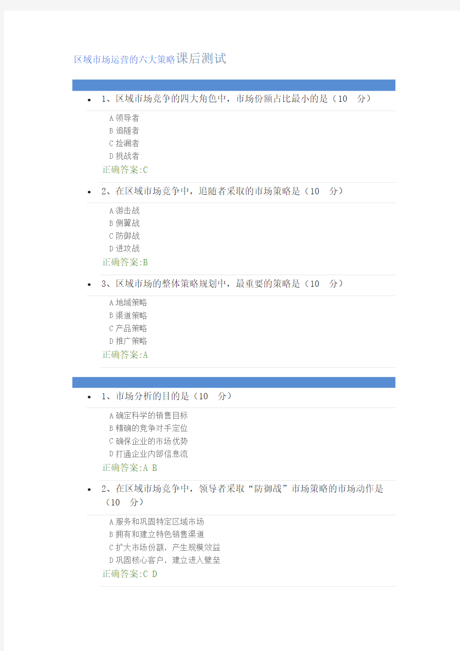 《区域市场运营的六大策略》课后测试及答案