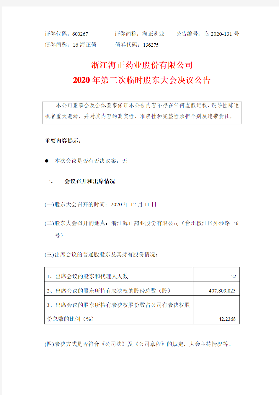 600267浙江海正药业股份有限公司2020年第三次临时股东大会决议公2020-12-12