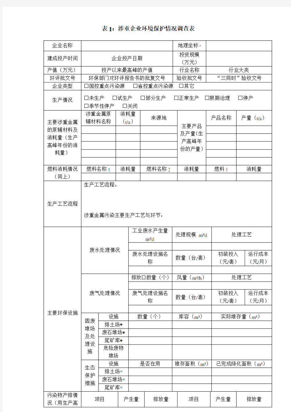 涉重企业环境保护情况调查表