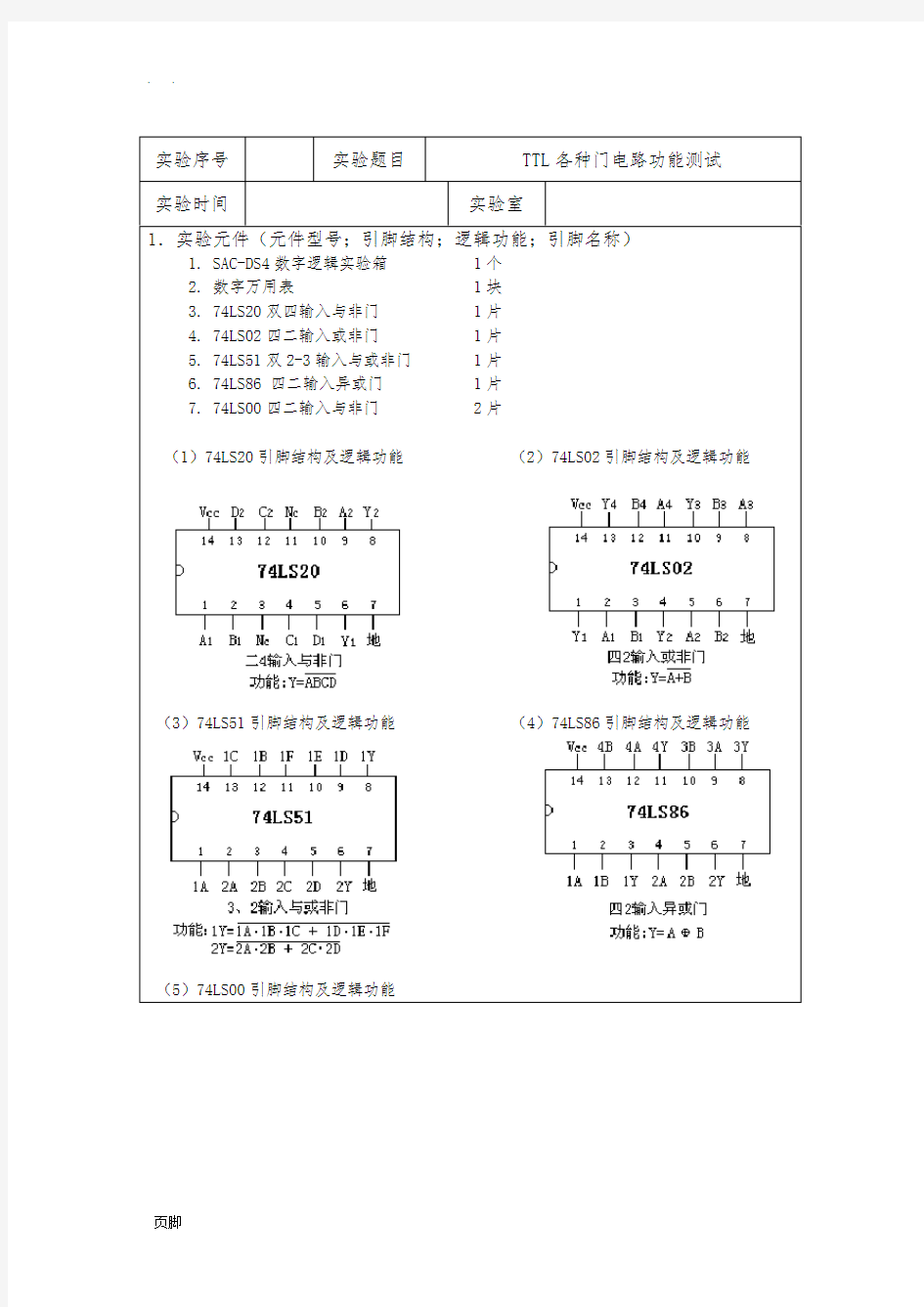 实验一TTL各种门电路功能测试