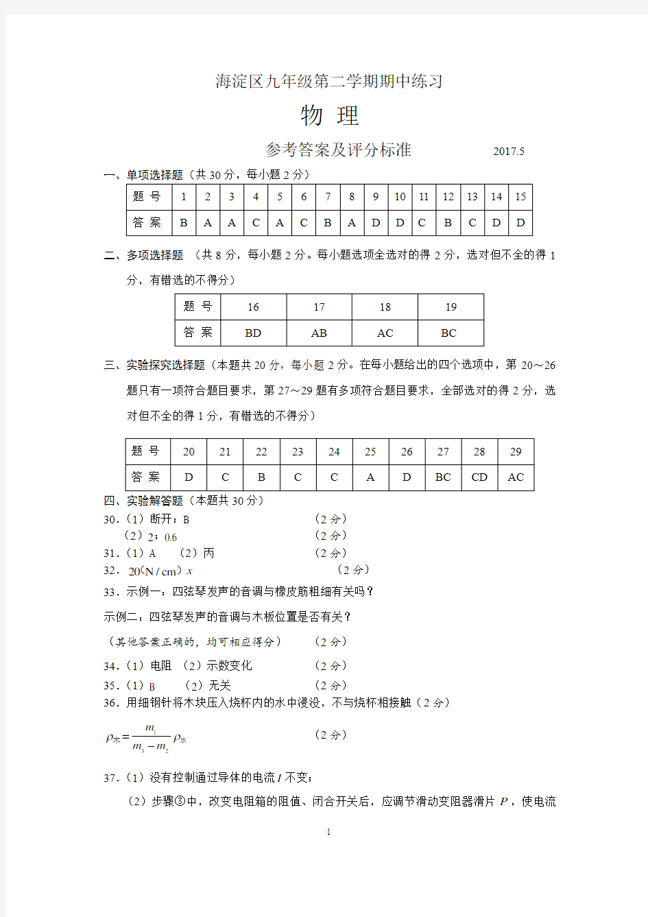 2017海淀初三物理一模答案