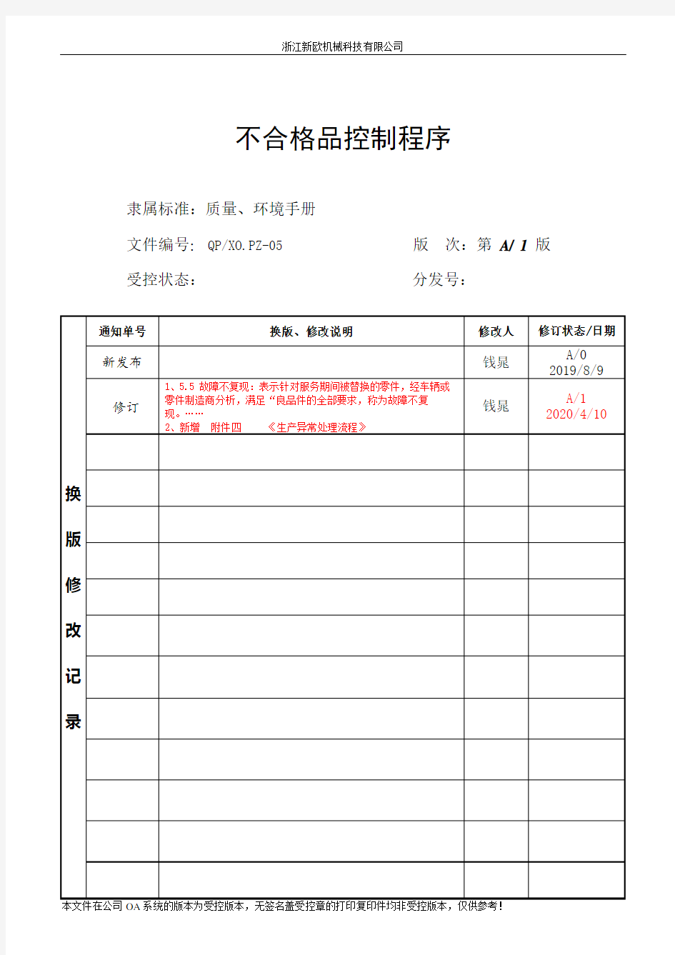 05  不合格品控制程序  A1版