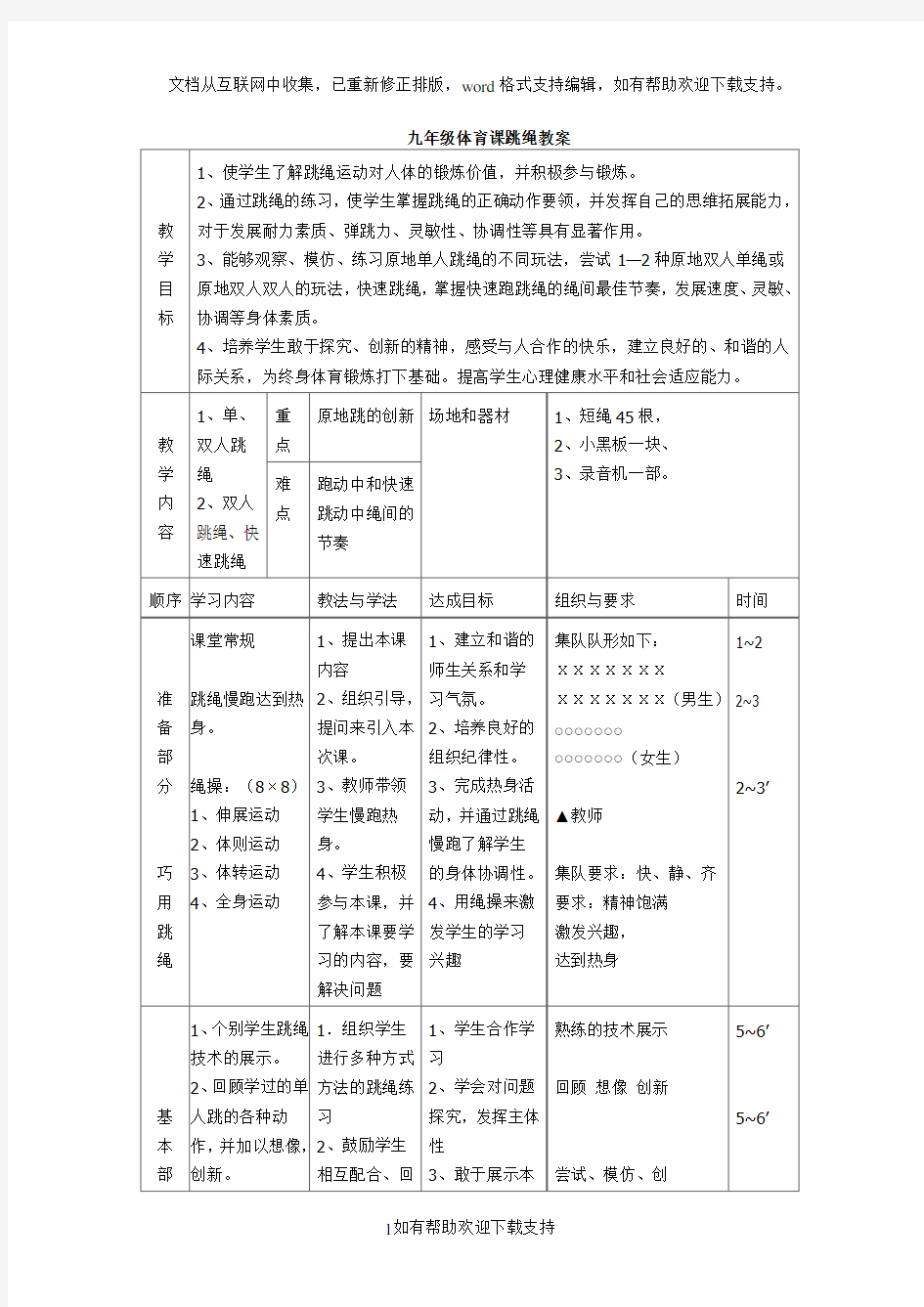 九年级体育课跳绳教案