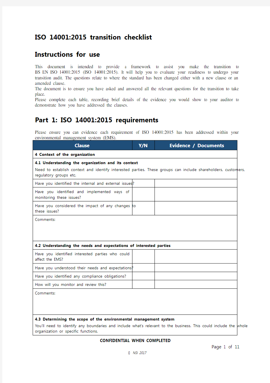 ISO14001：2015内审检查表-英文版