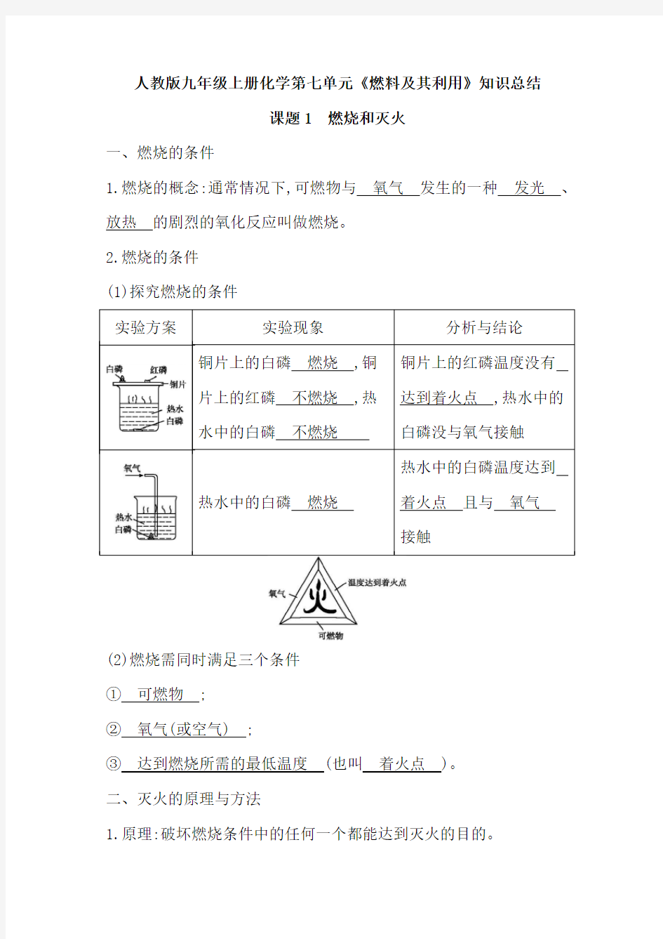 人教版九年级上册化学第七单元《燃料及其利用》知识总结