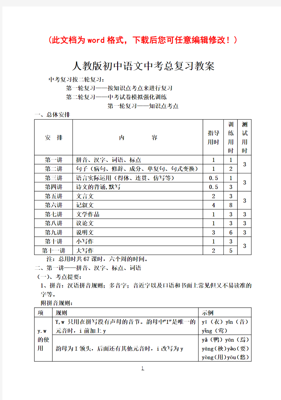 人教版初中语文中考总复习教案