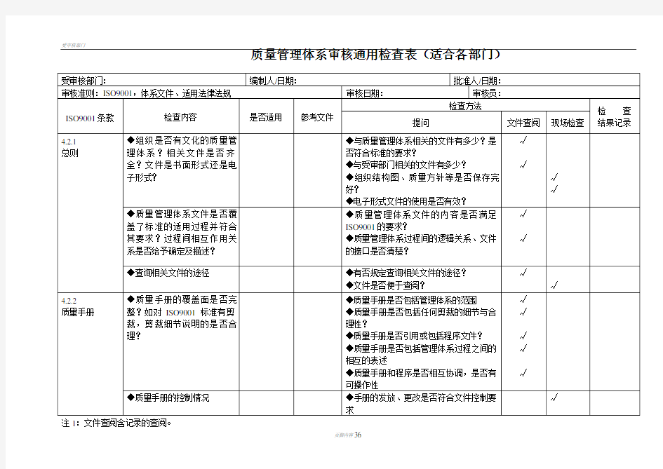 内审检查表全套(企业各部门通用)